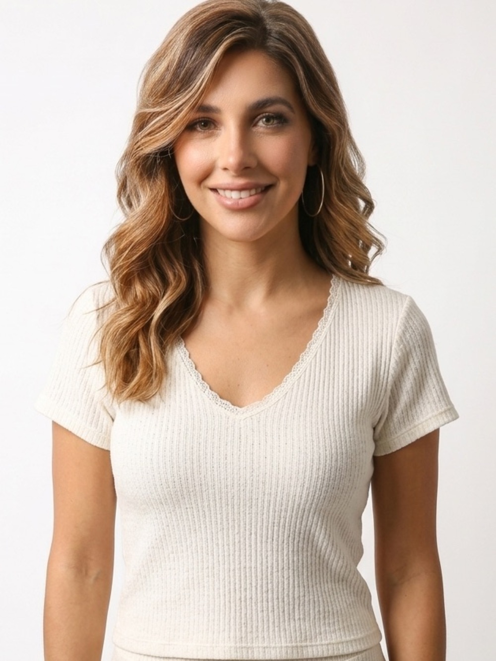 WILD FABLE | Cream Ribbed V-Neck Short Sleeve Top Lace Trim Women’s Size XXL